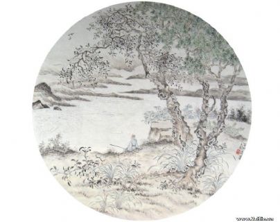 周大成 园扇面山水画小品60cmx60cm