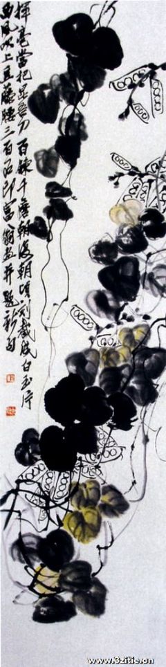 挥毫当把昆吾刀 百炼千磨朝复朝 顷刻结成白玉片 西风吹上豆藤腰 三百石印富翁画并题新句