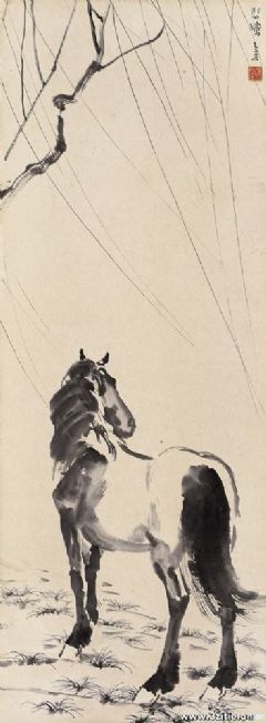 1935年作 柳下立马图 立轴材质、形制：设色纸本尺寸：92×33.5cm