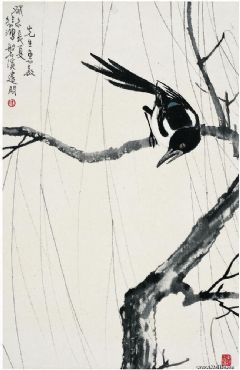 喜鹊鸣柳图立轴材质、形制：设色纸本 尺寸：65×42cm