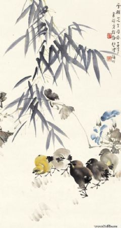 张书旂 1937年作 翠竹雏鸡 立轴.