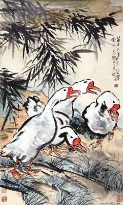 竹石四鹅图