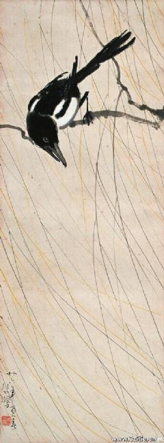 1937年作 春柳喜鹊 立轴材质、形制：设色纸本 尺寸：78.5×29.3cm