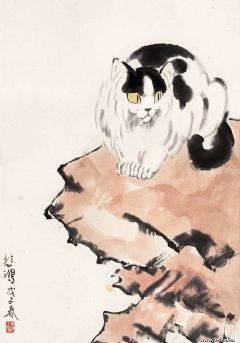 1948年作 猫石图 镜心 材质、形制：设色纸本 尺寸：62×43cm