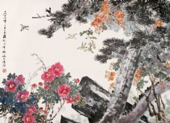 山石松鸟图