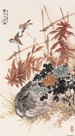 山石花丛双飞鸟