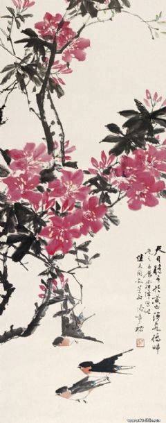 花枝下飞鸟