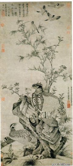 竹石集禽图轴