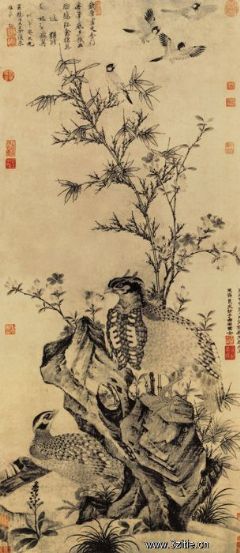 《竹石集禽图》