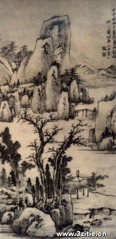 溪桥茅屋图轴