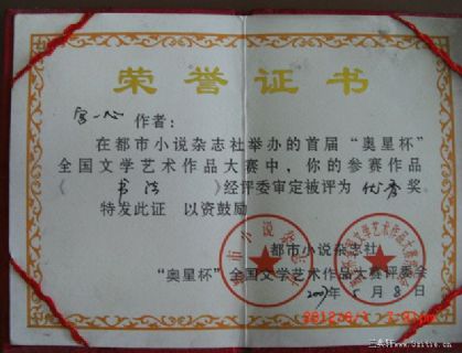 宫一心 获奖荣誉状