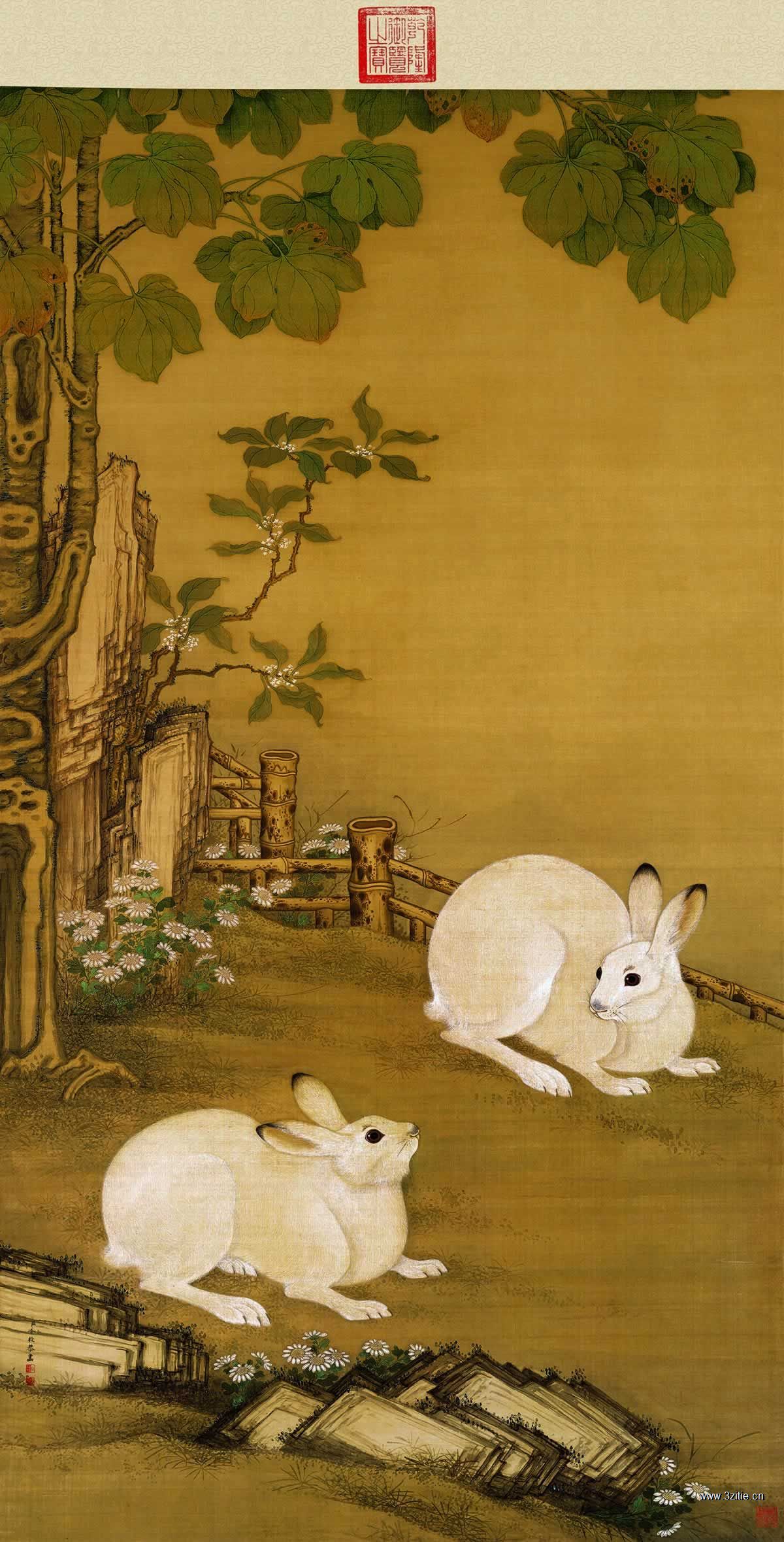 （玄）清  冷枚 梧桐双兔图绢本176.2x95