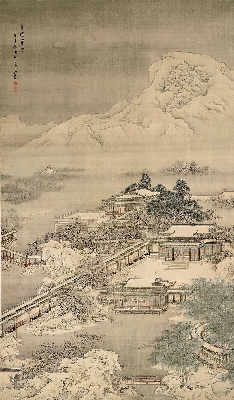 《梁园飞雪图》轴,清,袁江绘,绢本,设色,纵202.8cm,横118.5cm