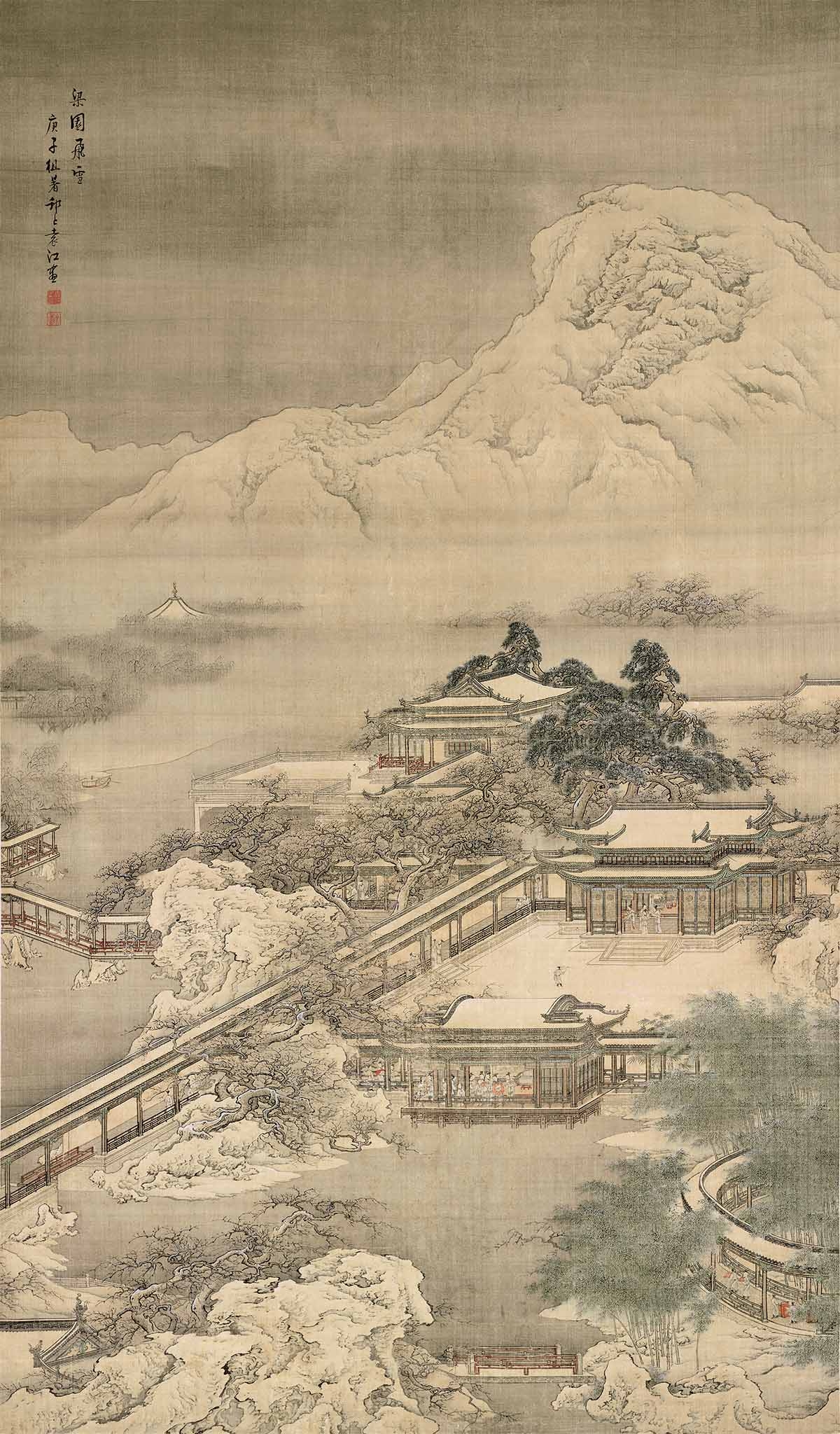 《梁园飞雪图》轴,清,袁江绘,绢本,设色,纵202.8cm,横118.5cm