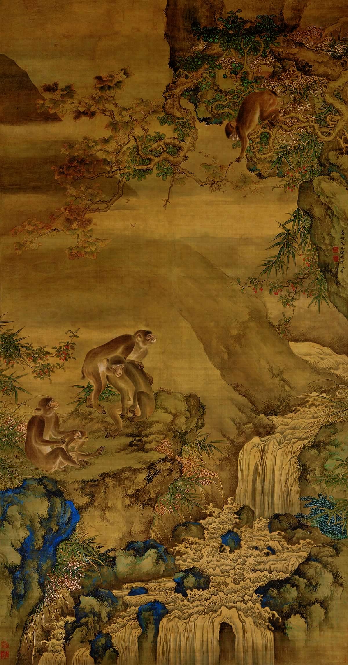 清 沈诠 蜂猴图绢本184x96.6真绢