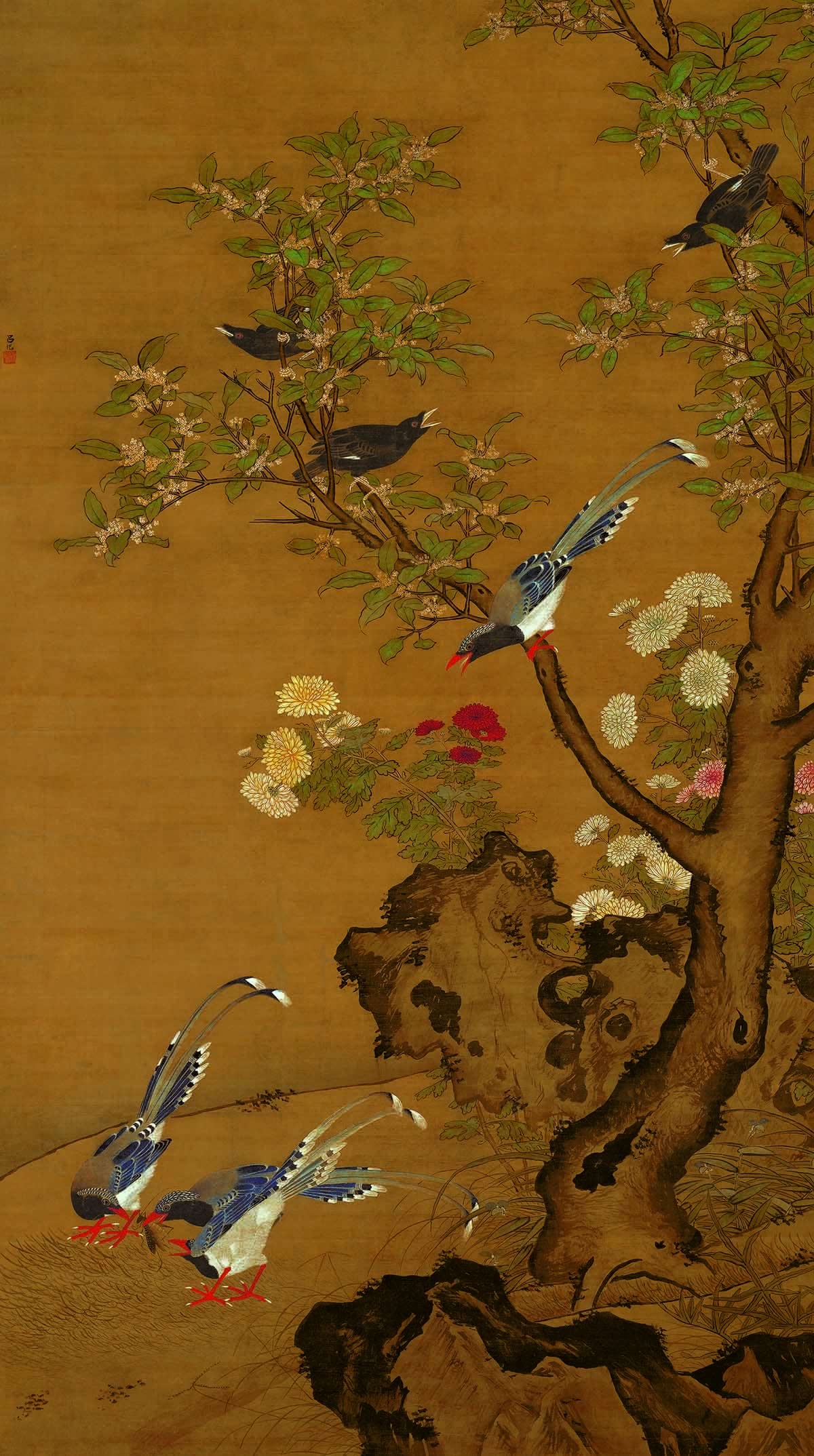 （玄）吕纪 桂菊山禽图绢本 55.7X100