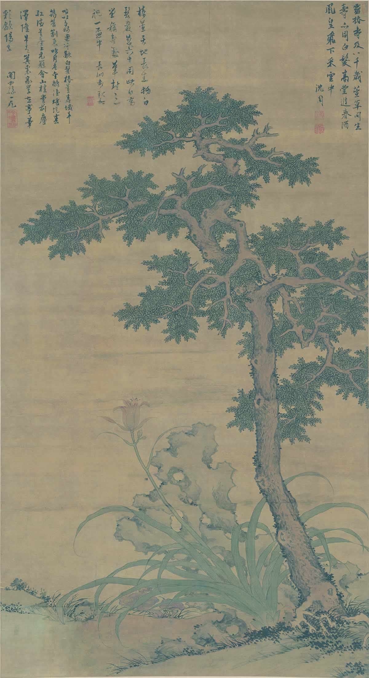 （玄）明 沈周 田椿萱图轴绢本93.6x171.4