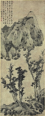 清-郑日文 墨笔山水中堂 纸本 75.5x195