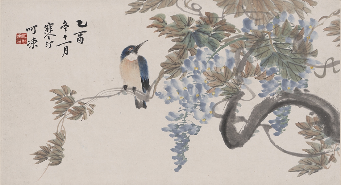 江寒汀 紫滕小鸟图轴27X50