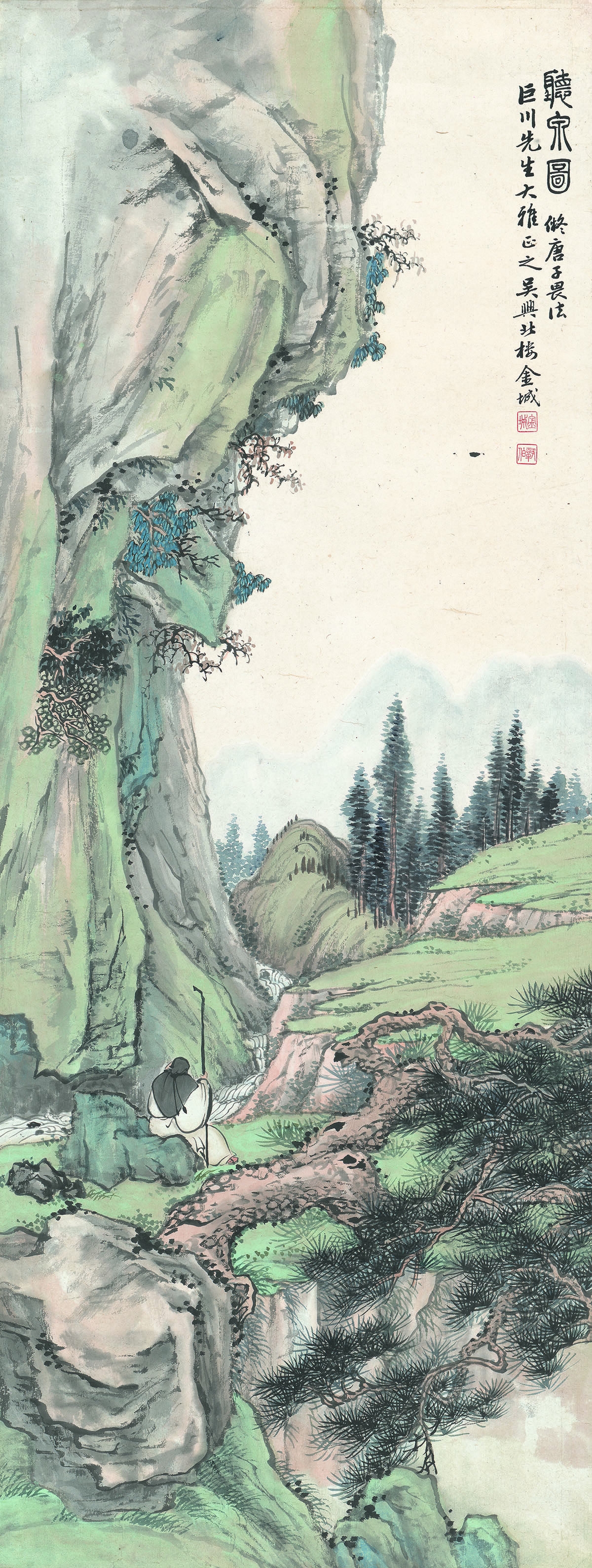 近现代 金城 仿唐寅听泉图 纸本33.4x88.5