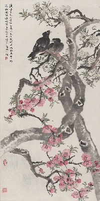 陆抑非 梨花百哥图轴134X67