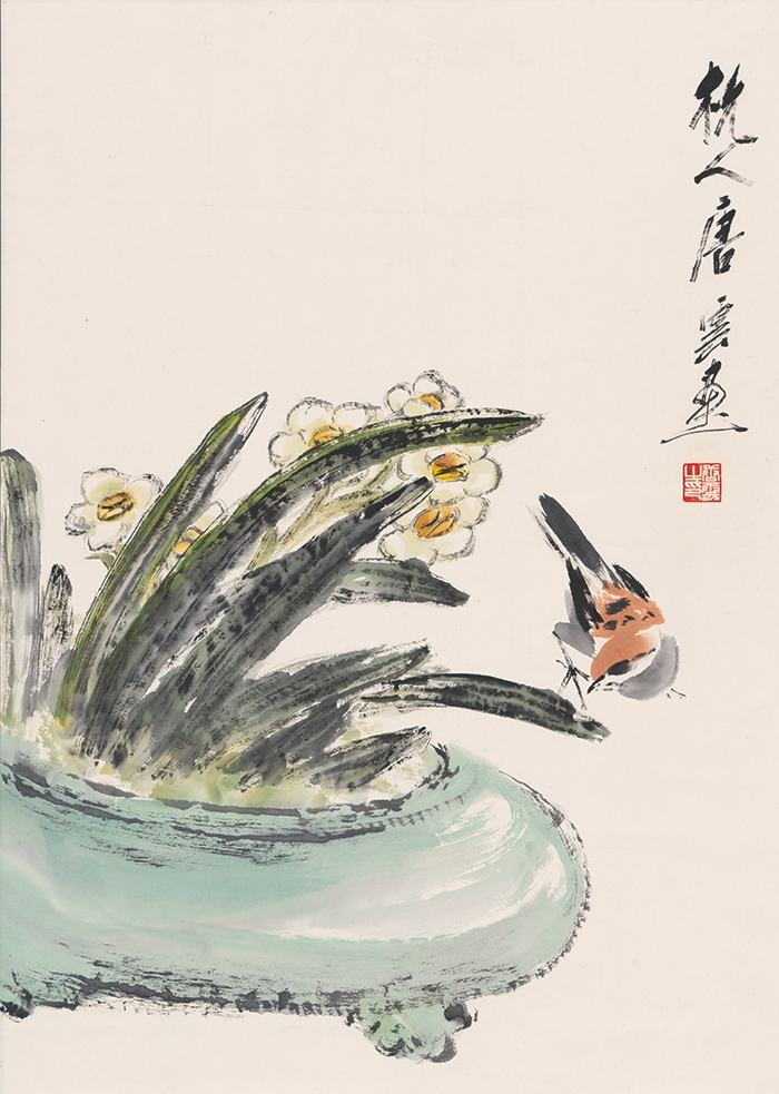 唐云 水仙小鸟图轴62X44