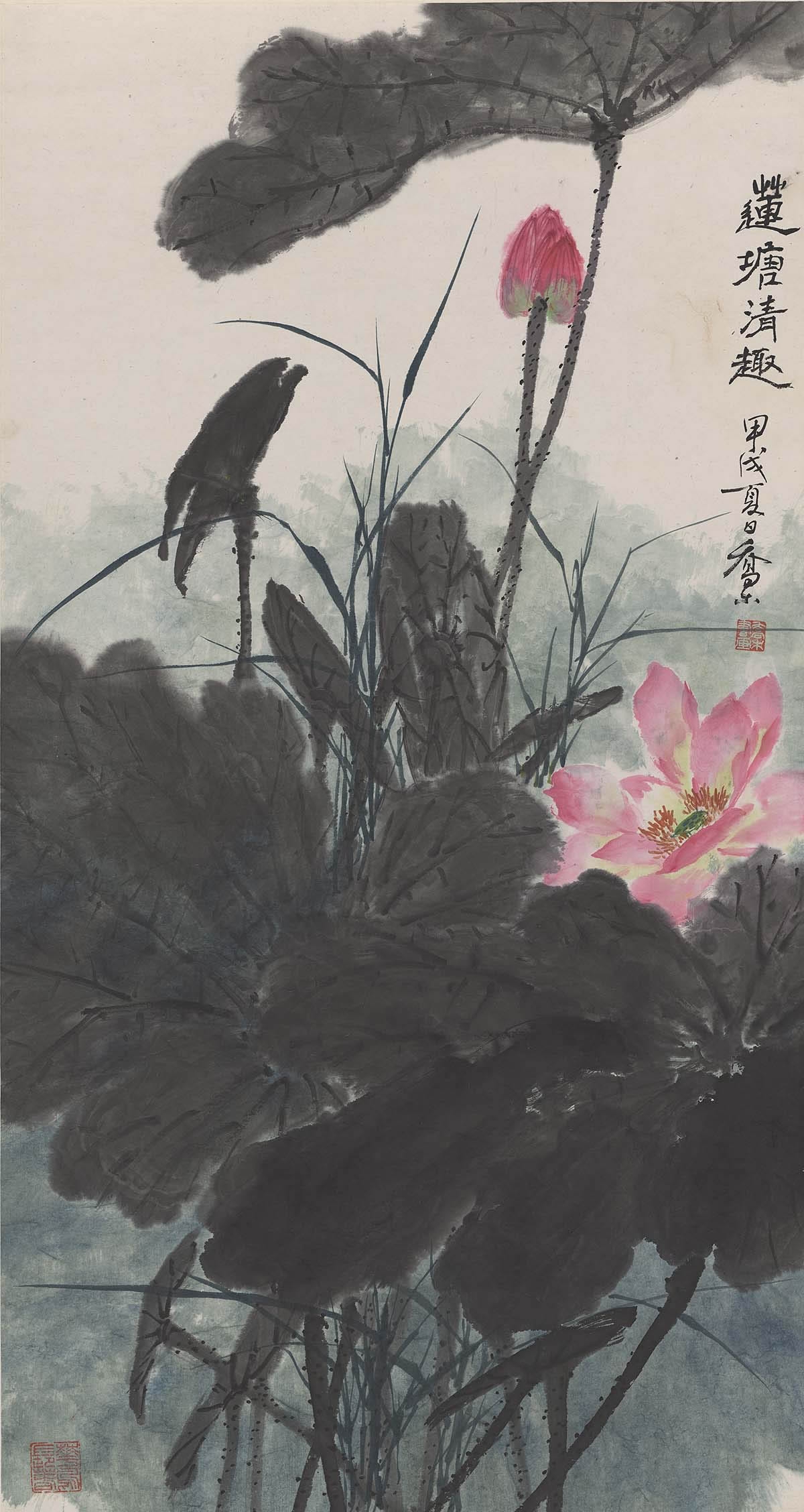 乔木-设色荷花图轴89X47