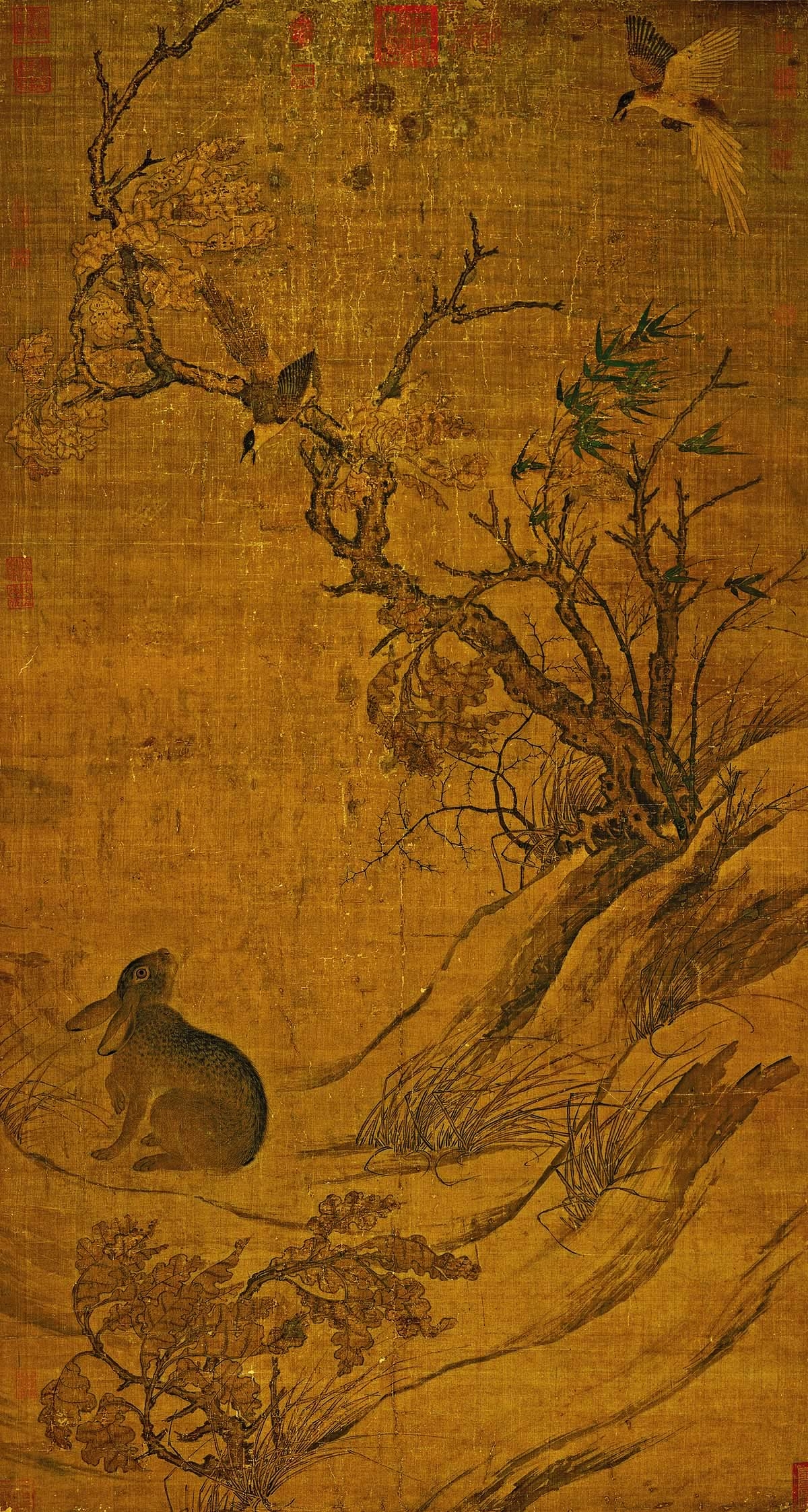 宋 崔白 双喜图绢本193.7x103