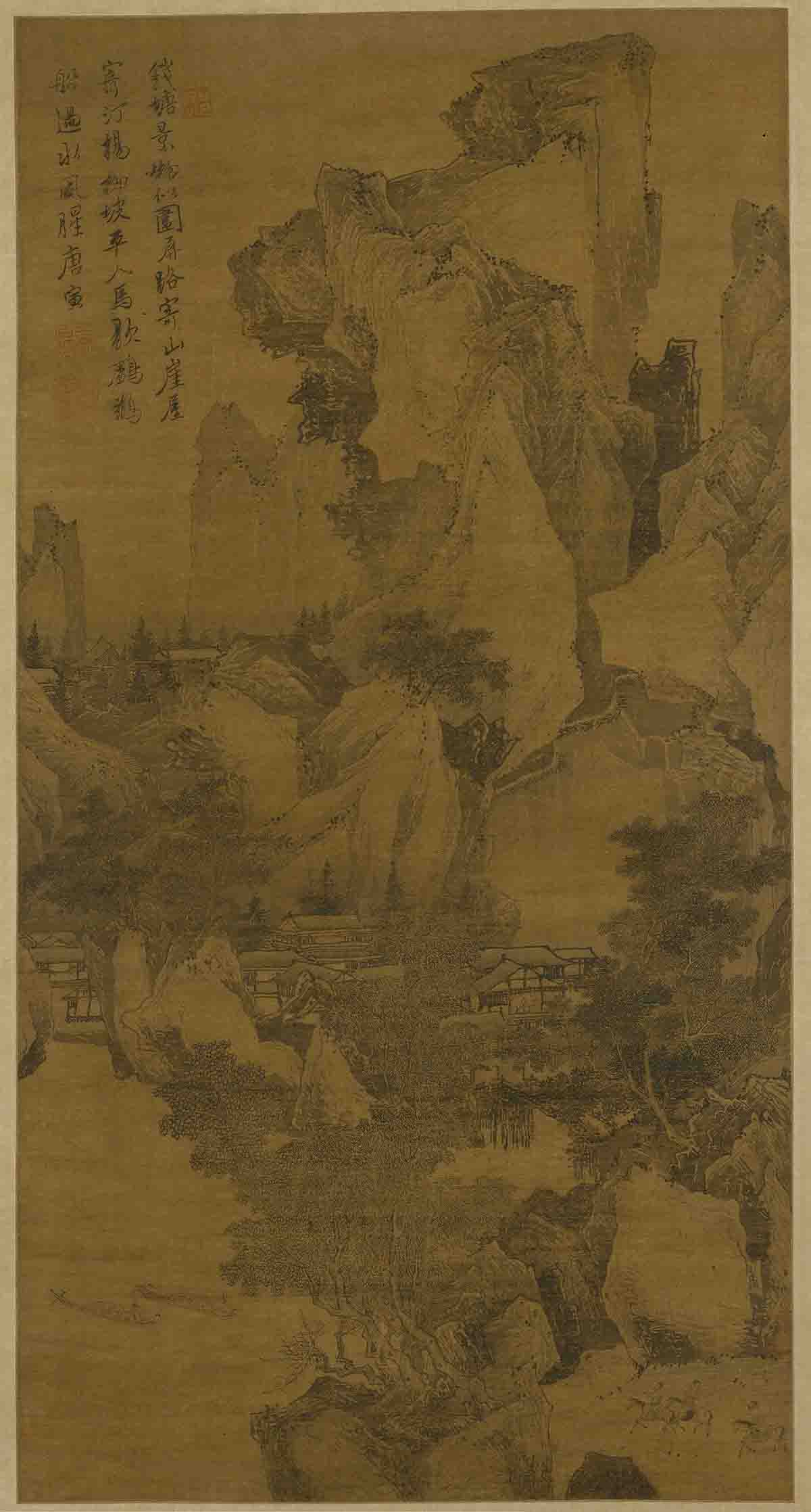 明 唐寅 钱塘景物图轴 绢本71.4x37