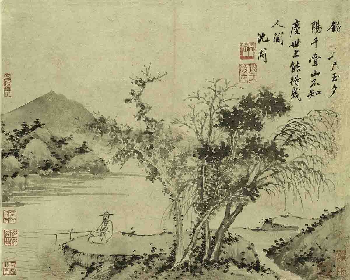 明 沈周 垂钓 绢布 60X50.63