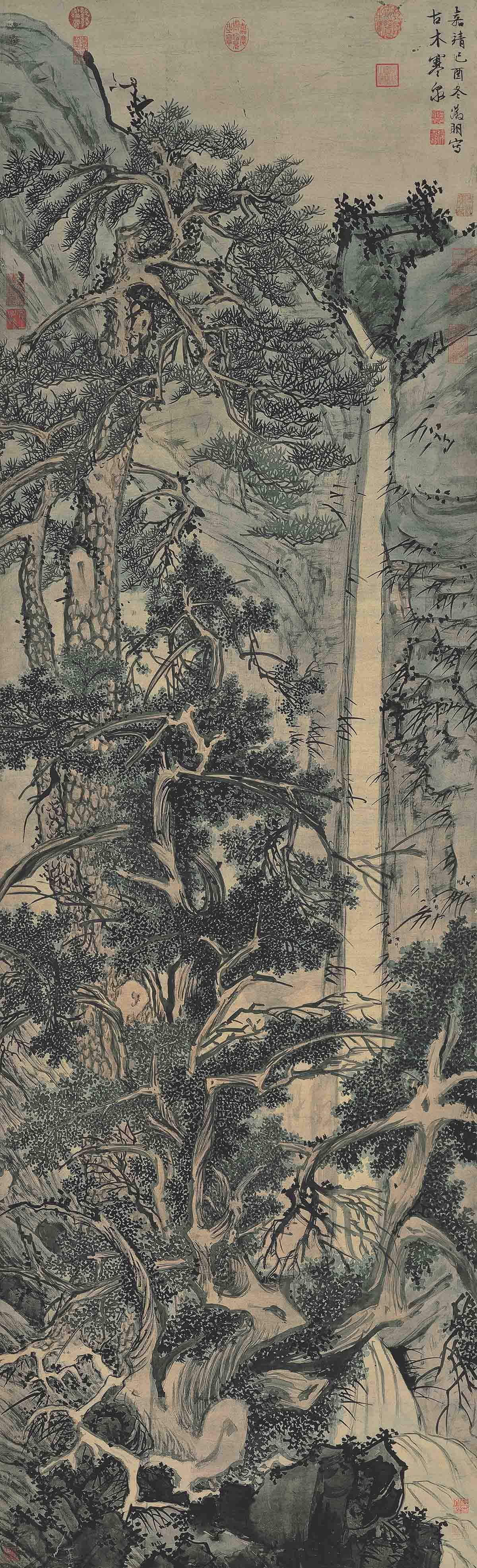 明 文徵明 古木寒泉图轴绢本194.1x59.3台北