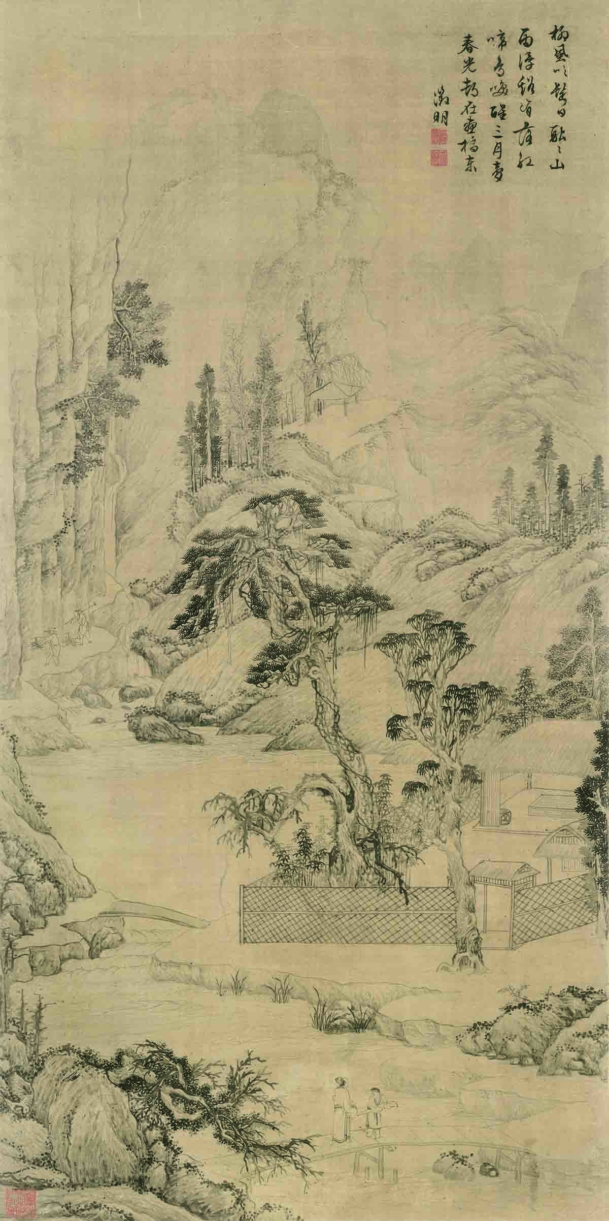 明 文徵明 携琴访友图（立轴）绢本80X40