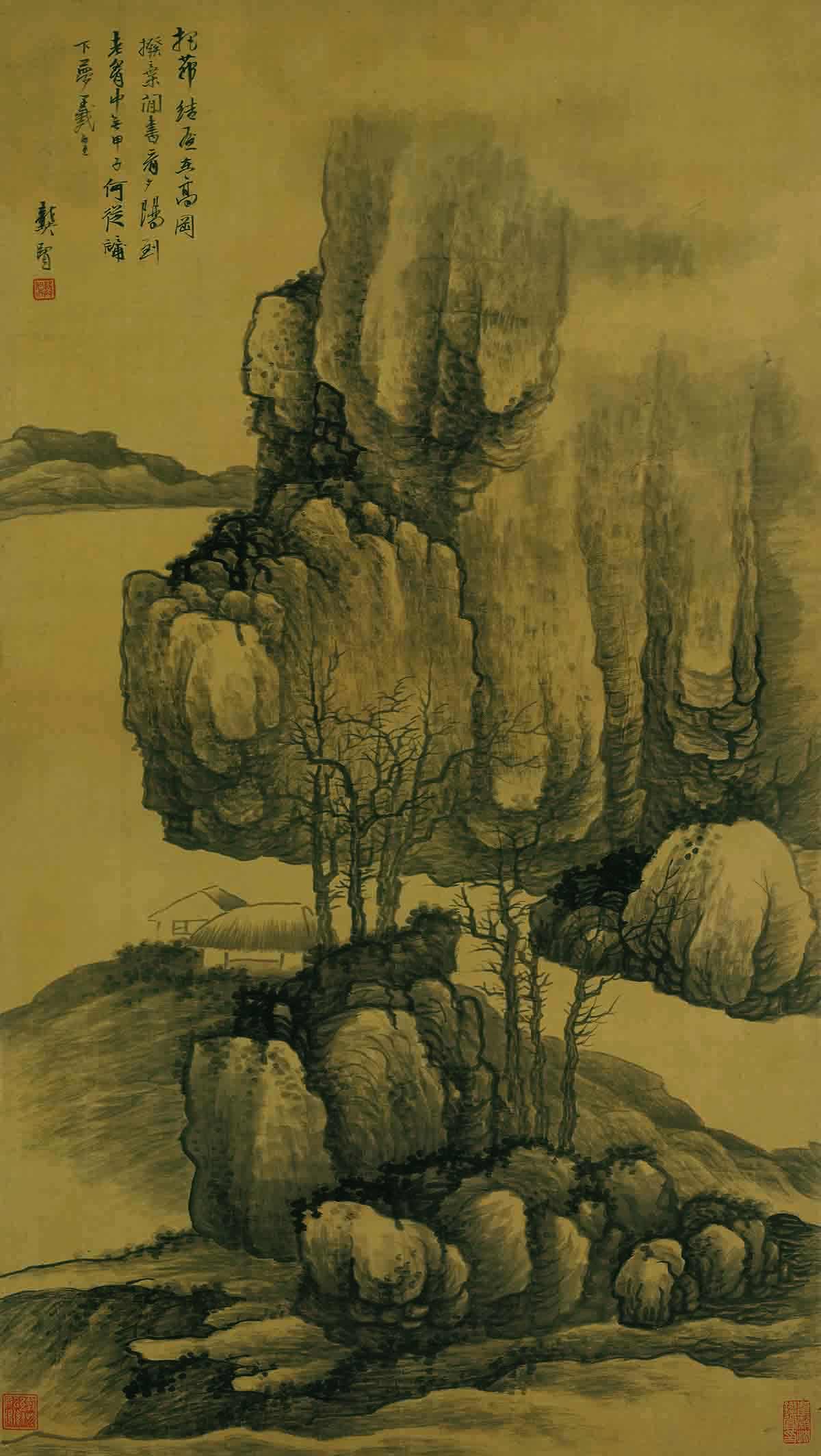 清 龚贤 高岗茅屋图(轴)绢本273x99北京艺术博物馆