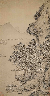 明 仇英 渔笛图 绢布113x60美国纳尔逊