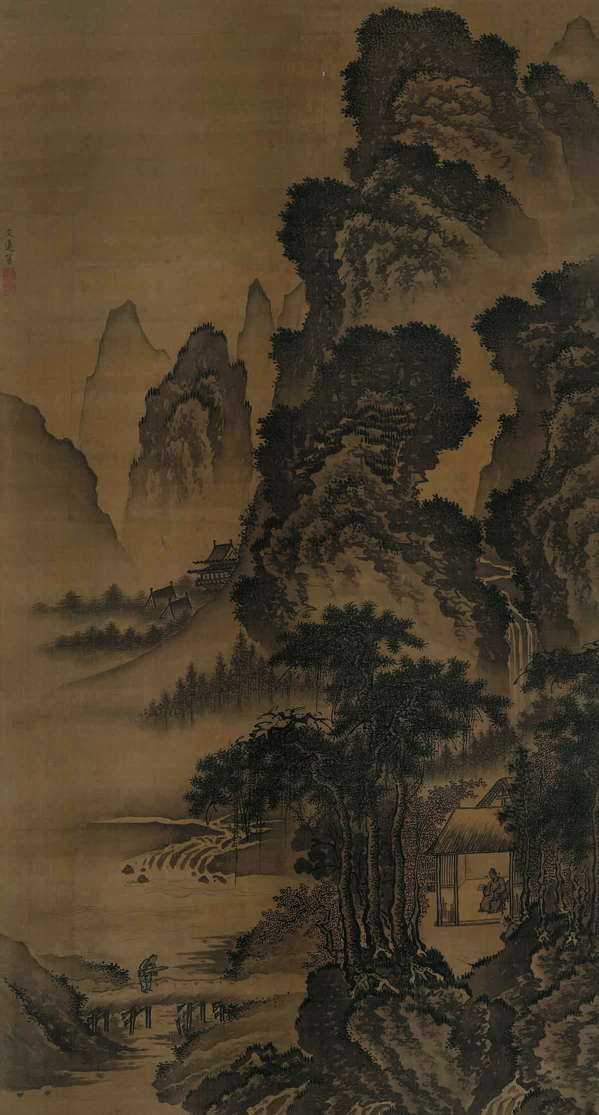明 戴进 溪堂诗意图轴明绢本设色194x104辽博