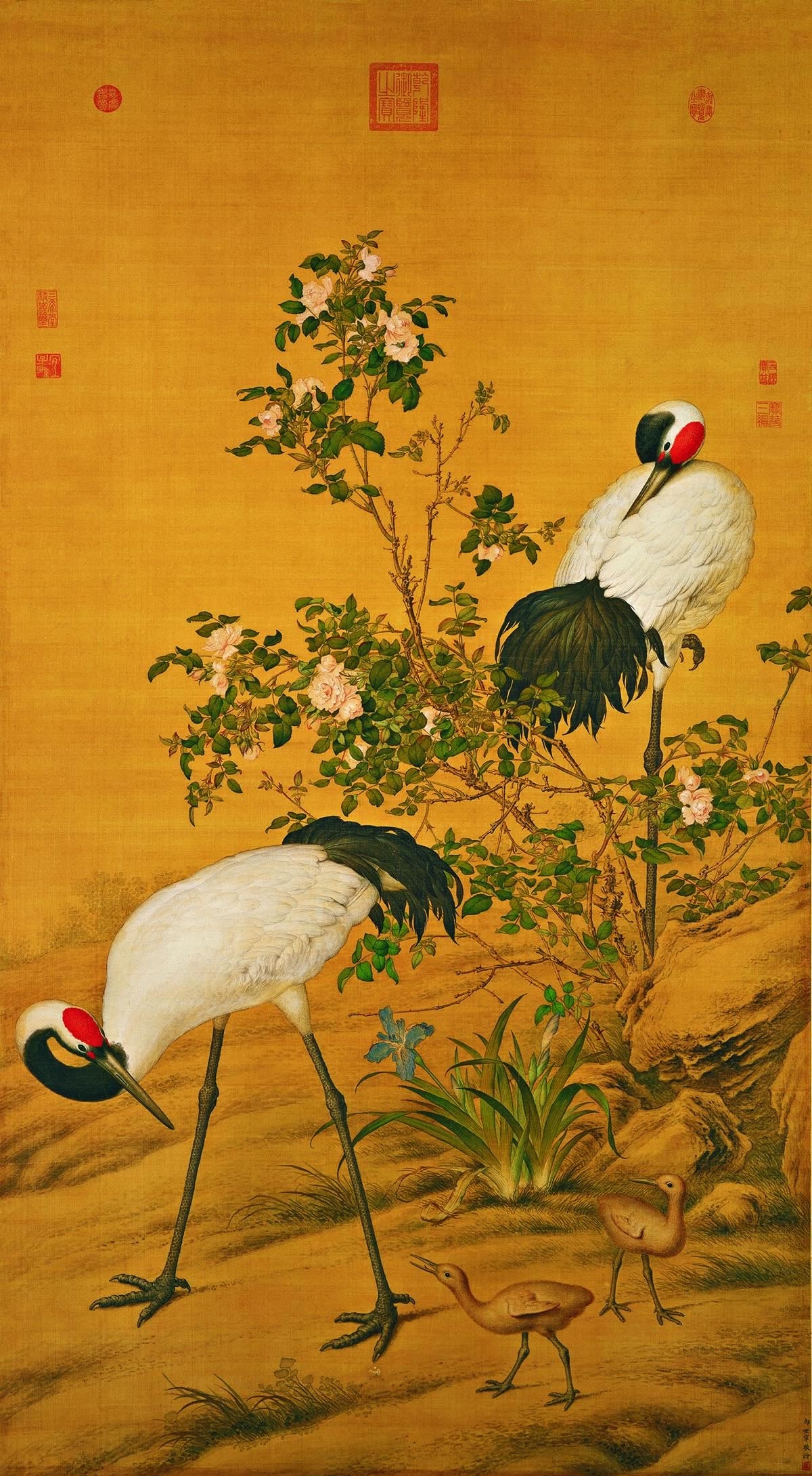 清 郎世宁 花卉双鹤图轴绢本150x82