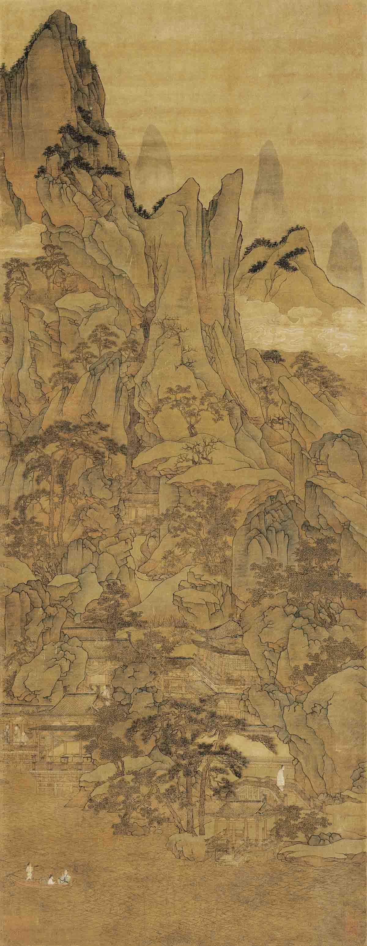 元 胡廷晖 春山泛舟图轴绢本143x55.5