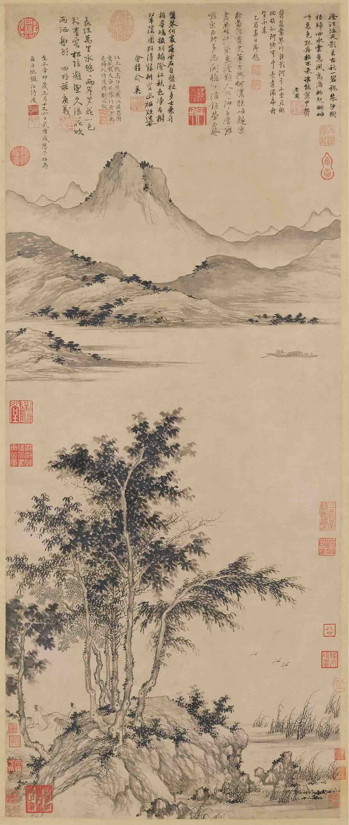 元 盛懋 秋江待渡图轴纸本112.5x46.3清宫旧藏