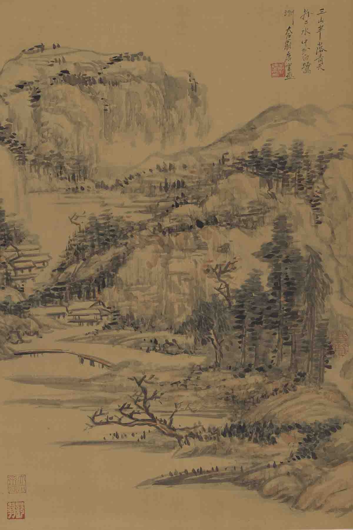 117唐云-设色山水图绢60X40