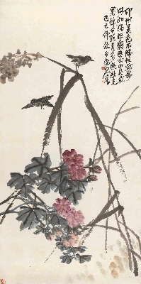 王震－花鸟图 纸本67.7x136