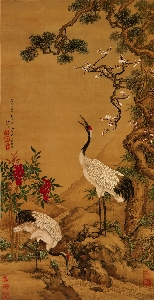 清 沈铨 松梅双鹤图 绢本191x98.3