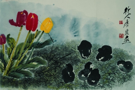 唐云 雏鸡图78-52cm