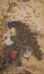 清 沈铨 孔雀玉兰牡丹图绢本71x42