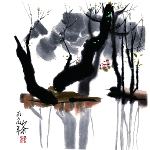 89吴冠中《柳塘情趣》１