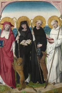 Saints Jerome, Bernard , Giles and Benedict圣徒杰罗姆，伯纳德，贾尔斯和本笃1485-90, Workshop of the Maste