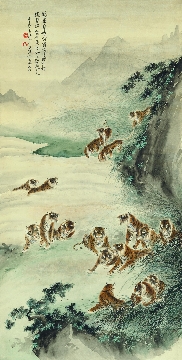 张大千 群虎啸谷图立轴纸本67X132cm-