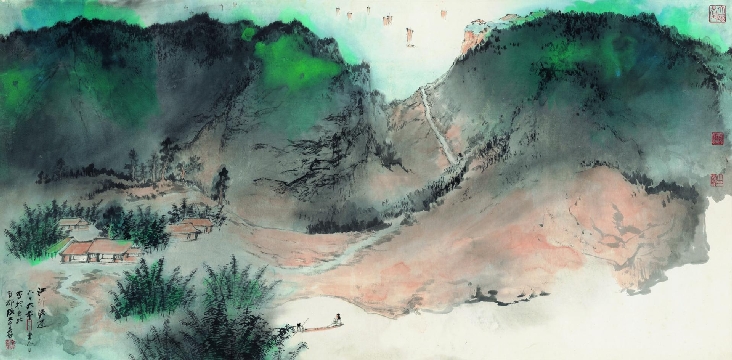 张大千 江邨晚归图 纸本巨幅1815X89cm