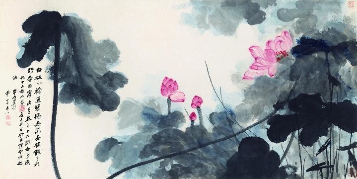 张大千 荷花图镜心纸本88.5X176.6cm