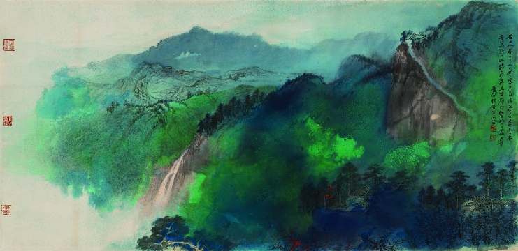 张大千 谷口人家图镜心纸本85.7x176.4cm