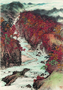 关山月 秋溪放筏图镜心纸本82X118cm